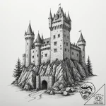 Medieval castle siege, tattoo line art, reali… – tattoo sketch (№1751627738_0, 04.07.2025 11:15) — tattoovalue.net