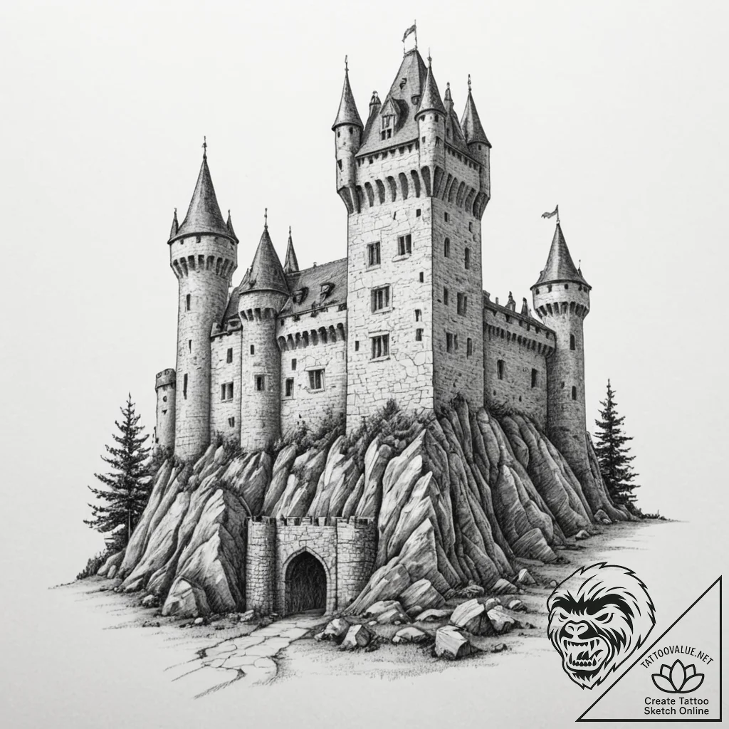 Medieval castle siege, tattoo line art, reali... - tattoo sketch (№1751627738_0, 04.07.2025 11:15) — tattoovalue.net