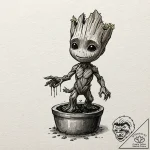 A watercolor sketch of a dancing baby groot,,… – tattoo sketch (№1751629450_0, 04.07.2025 11:44) — tattoovalue.net
