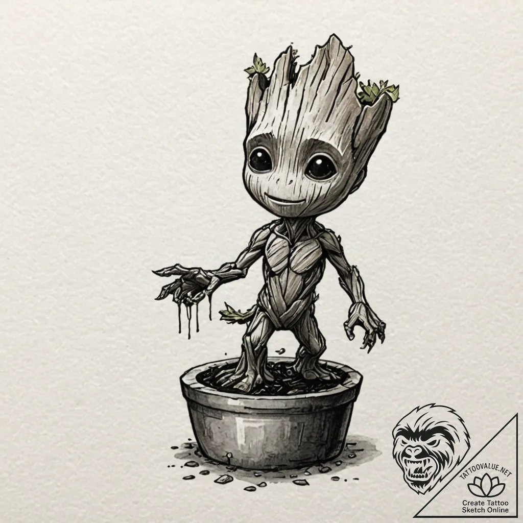 A watercolor sketch of a dancing baby groot,,... - tattoo sketch (№1751629450_0, 04.07.2025 11:44) — tattoovalue.net