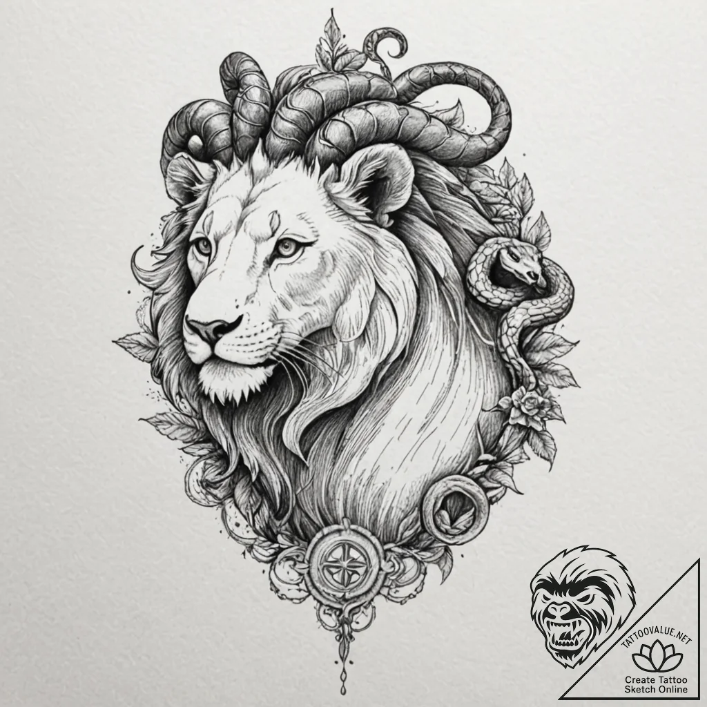 A dotwork design of a chimera, combining a li... - tattoo sketch (№1751631788_0, 04.07.2025 12:23) — tattoovalue.net