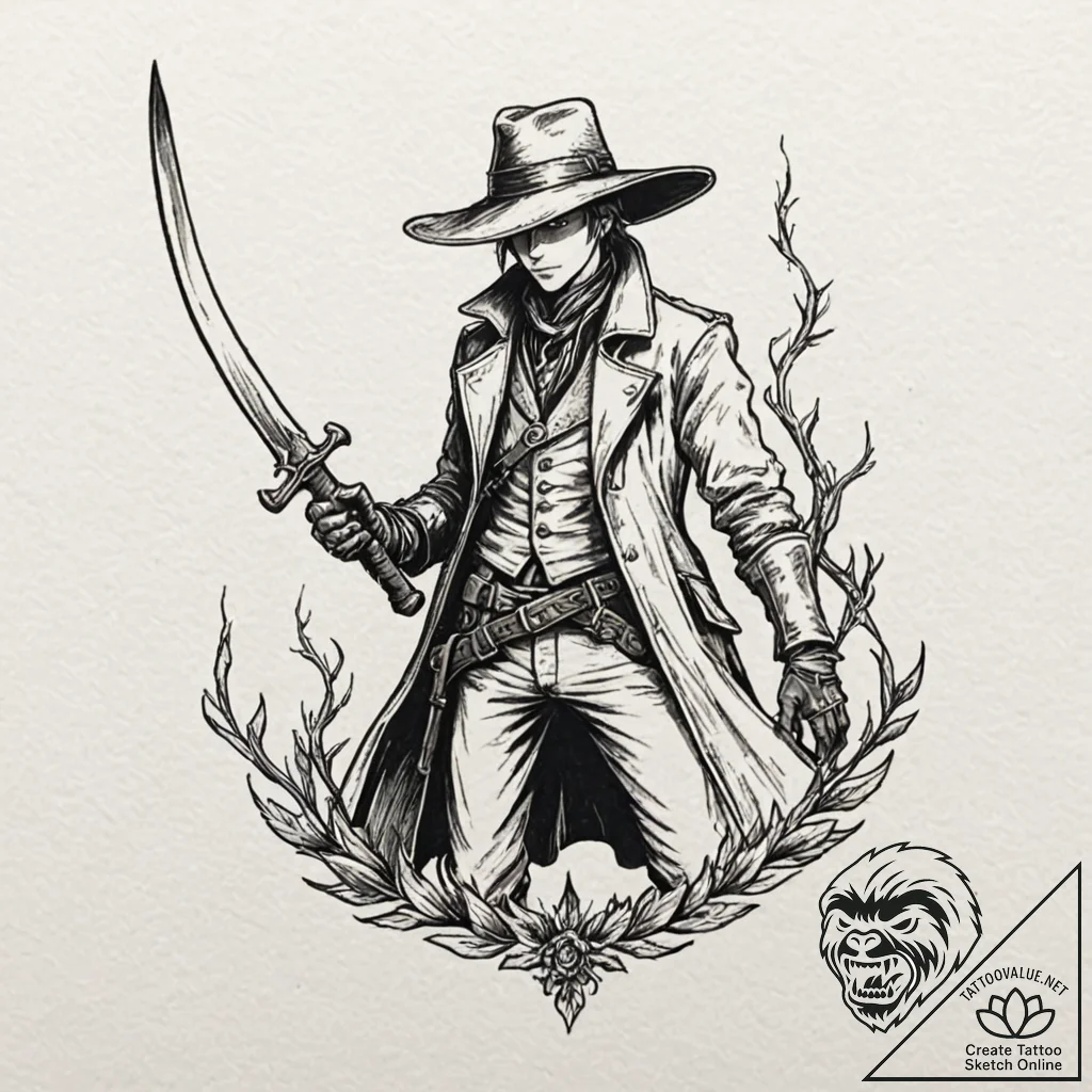A hunter from bloodborne with saw cleaver, ar... - tattoo sketch (№1751631944_0, 04.07.2025 12:25) — tattoovalue.net