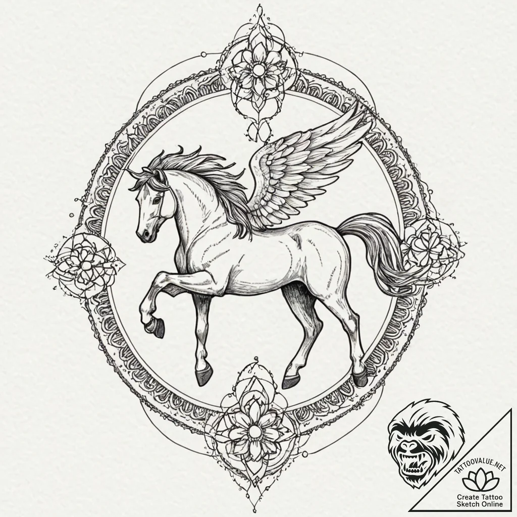 A linework tattoo of a pegasus in flight., ta... - tattoo sketch (№1751632179_0, 04.07.2025 12:29) — tattoovalue.net