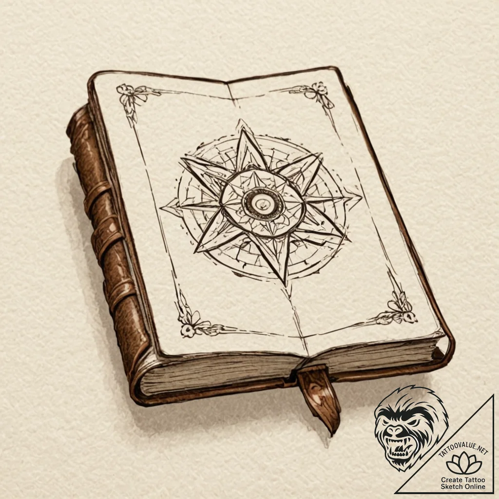 An old, leather-bound grimoire, artistic tatt... - tattoo sketch (№1751632771_0, 04.07.2025 12:39) — tattoovalue.net