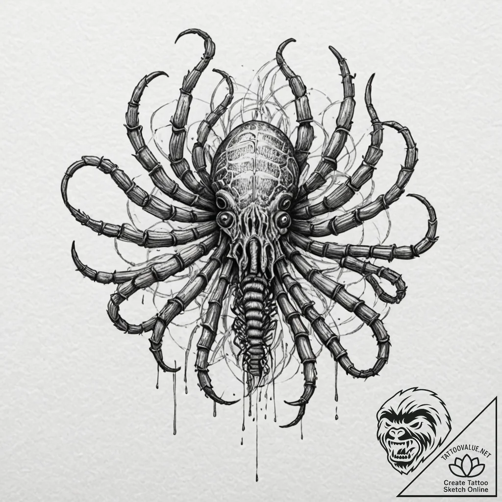 Linework tattoo of a facehugger, minimalist a... - tattoo sketch (№1751634019_0, 04.07.2025 13:00) — tattoovalue.net