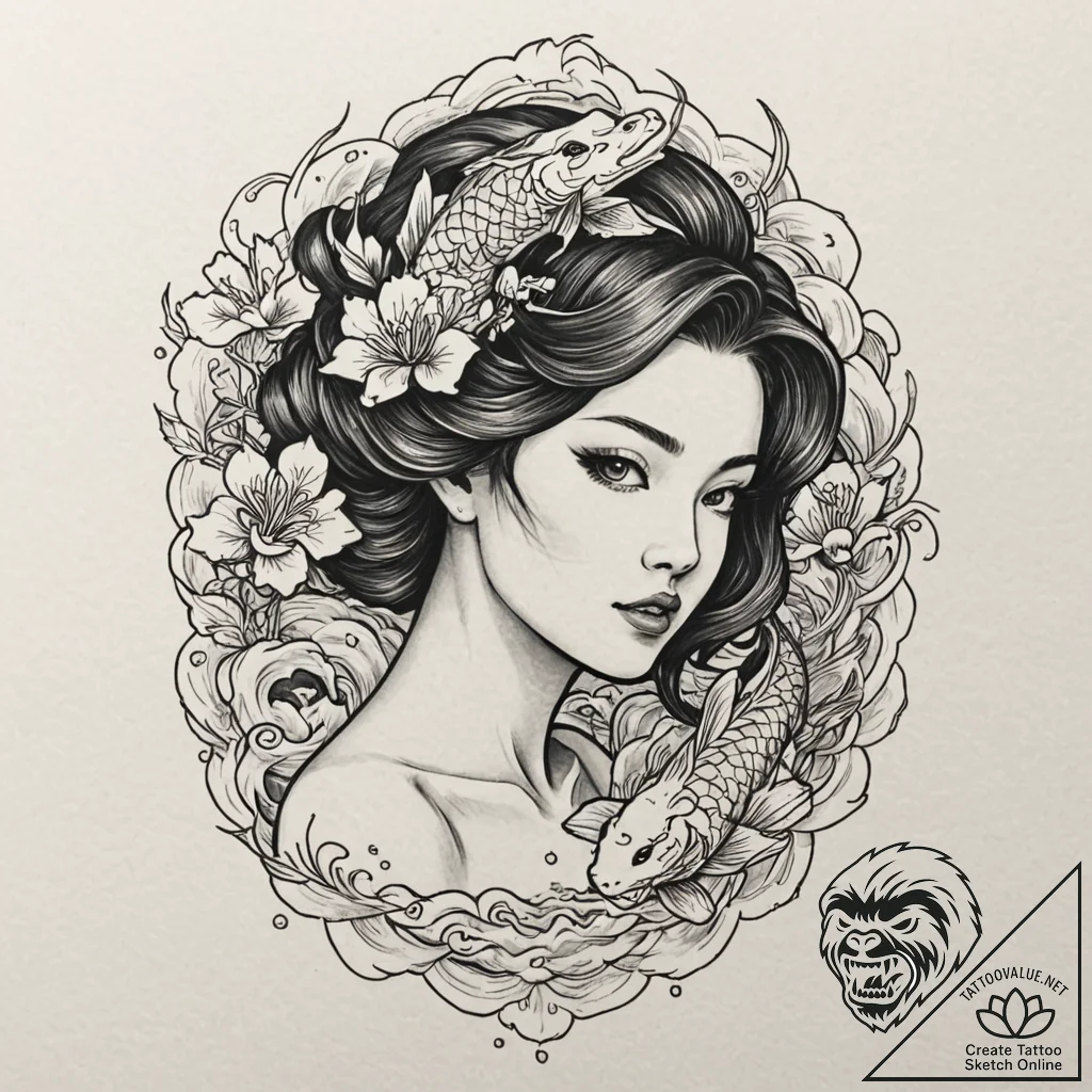 Neo-traditional portrait of rachael, with her... - tattoo sketch (№1751634809_0, 04.07.2025 13:13) — tattoovalue.net