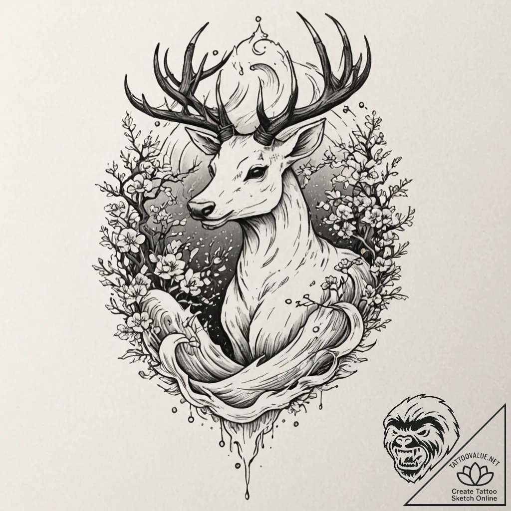 A watercolor tattoo of the forest spirit's de... - tattoo sketch (№1751635459_0, 04.07.2025 13:24) — tattoovalue.net