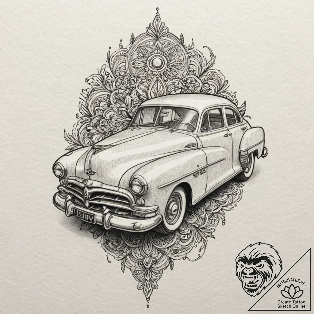 Car, ink illustration for tattoo, highly deta... - tattoo sketch (№1751635539_0, 04.07.2025 13:25) — tattoovalue.net