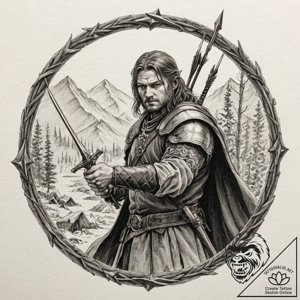 A graphic novel panel of boromir's last stand... - tattoo sketch (№1751636818_0, 04.07.2025 13:46) — tattoovalue.net