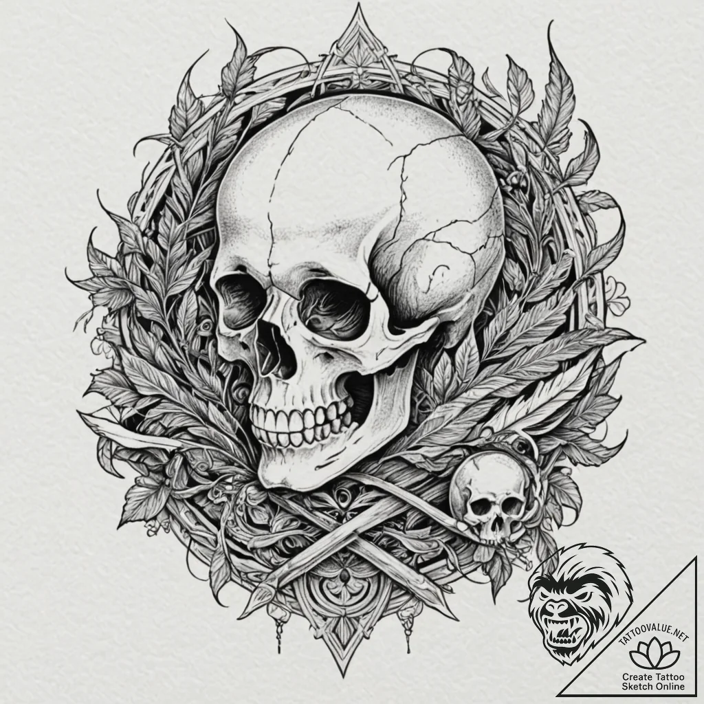 A skull used as an inkwell with a quill, tatt... - tattoo sketch (№1751641216_0, 04.07.2025 15:00) — tattoovalue.net