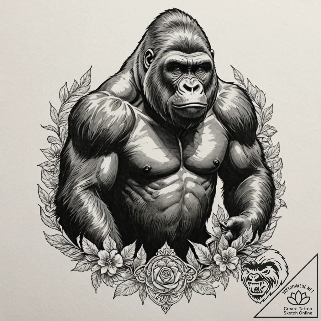 Gorilla, ink illustration for tattoo, black a... - tattoo sketch (№1751642330_0, 04.07.2025 15:18) — tattoovalue.net