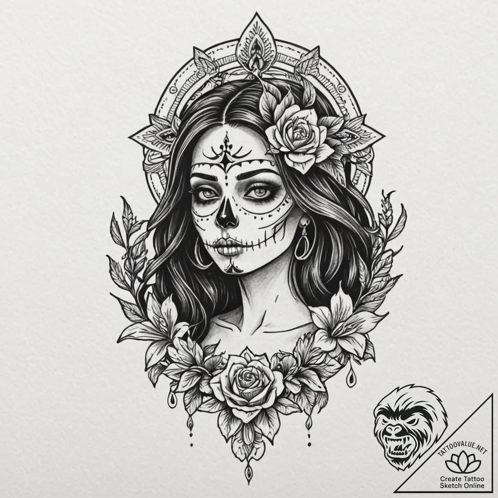 Santa muerte, tattoo line art, bold outlines,... - tattoo sketch (№1751642416_0, 04.07.2025 15:20) — tattoovalue.net