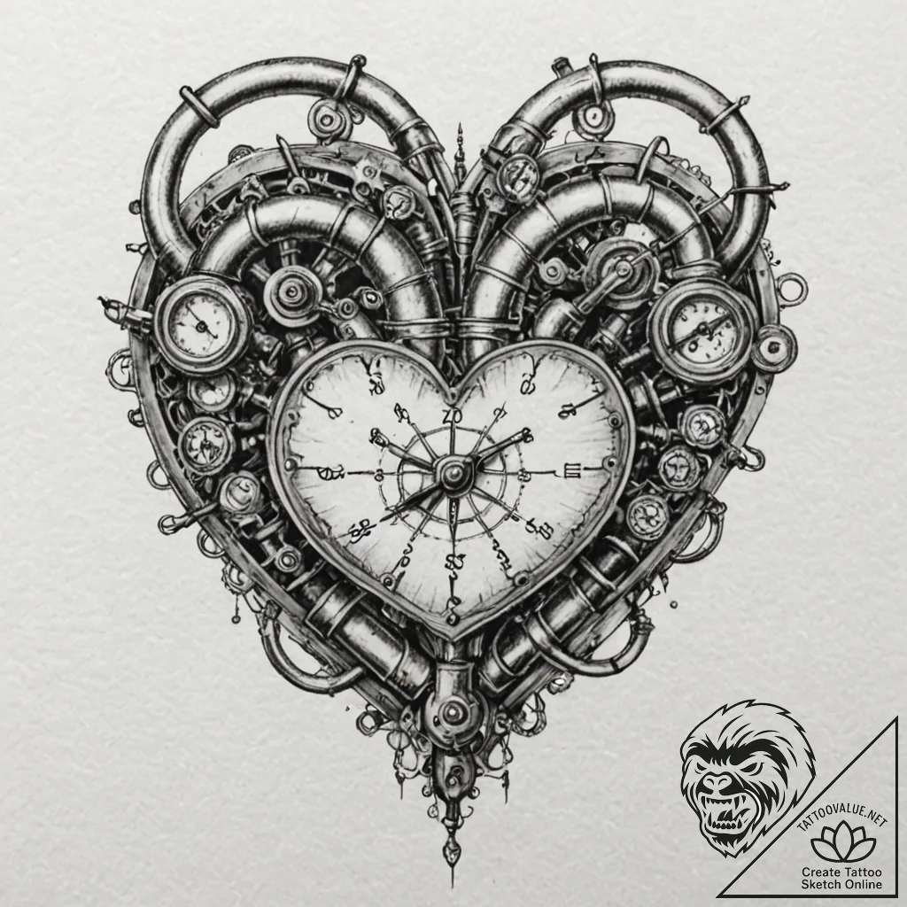 Steampunk heart with pipes and pressure gauge... - tattoo sketch (№1751642969_0, 04.07.2025 15:29) — tattoovalue.net