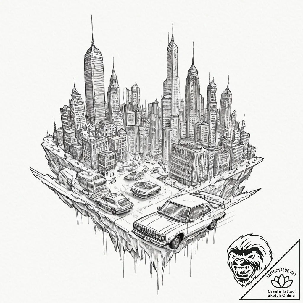 Dystopian city skyline with flying vehicles,... - tattoo sketch (№1751643044_0, 04.07.2025 15:30) — tattoovalue.net