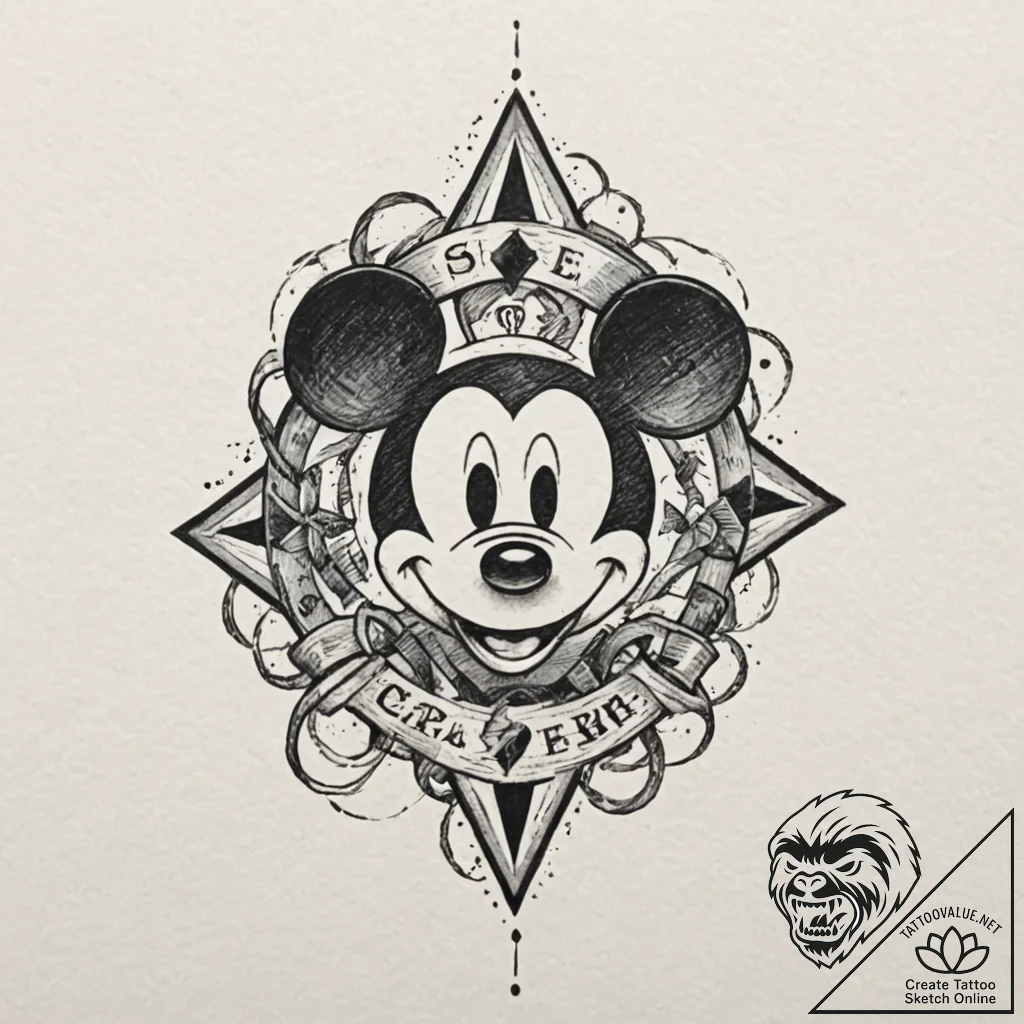 A trash polka tattoo of a twisted, evil micke... - tattoo sketch (№1751645433_0, 04.07.2025 16:10) — tattoovalue.net