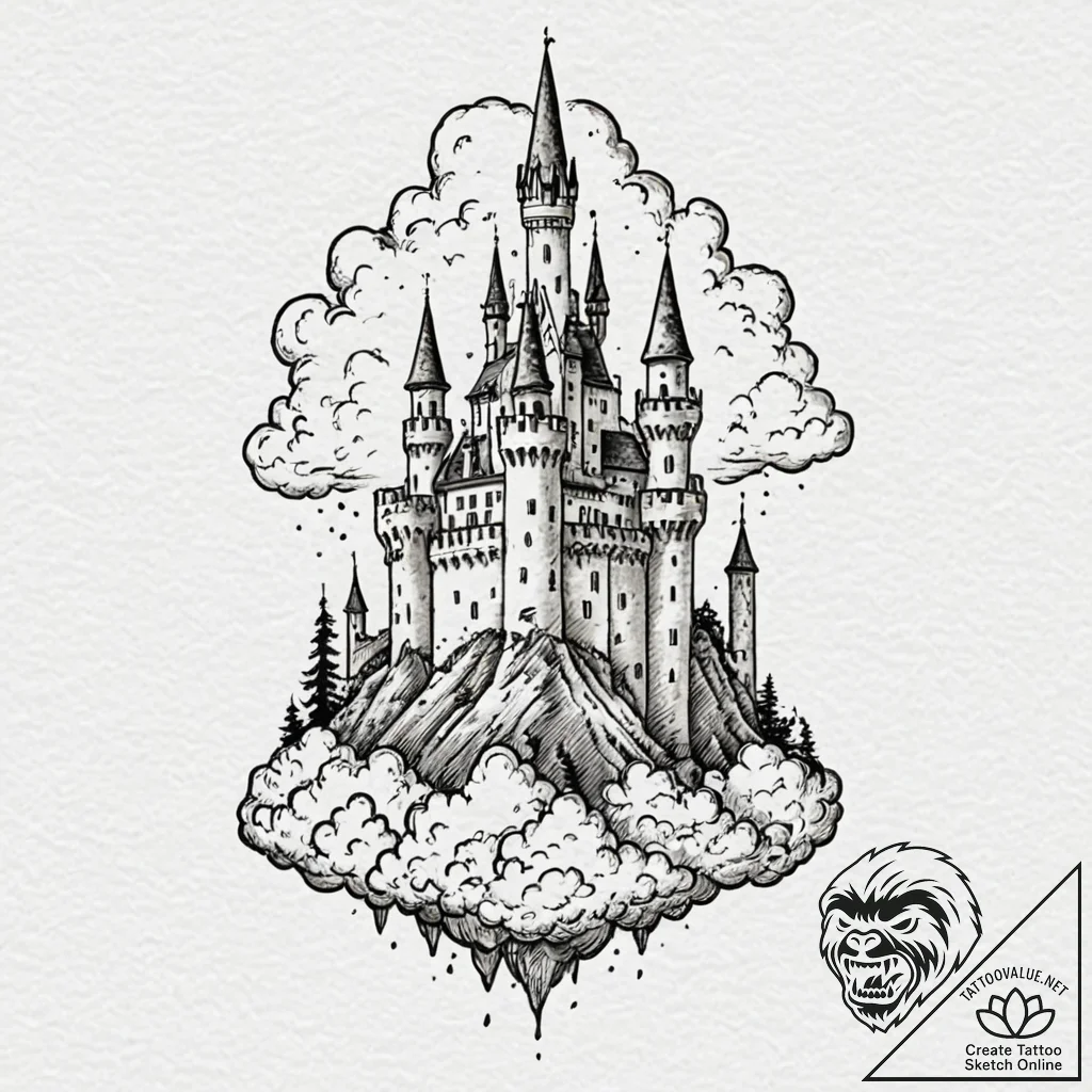 A watercolor sketch of a castle in the clouds... - tattoo sketch (№1751645518_0, 04.07.2025 16:11) — tattoovalue.net