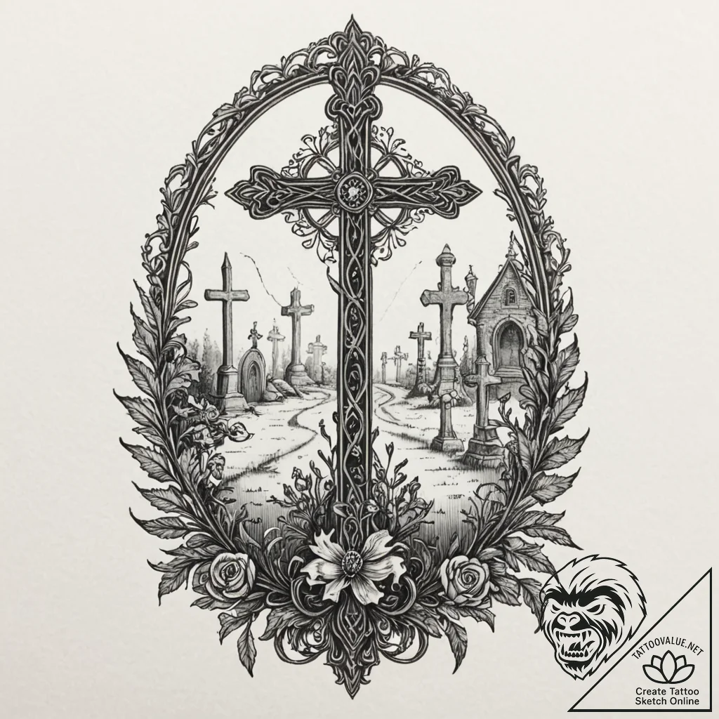 A graveyard scene with fog, concept art for t... - tattoo sketch (№1751646497_0, 04.07.2025 16:28) — tattoovalue.net