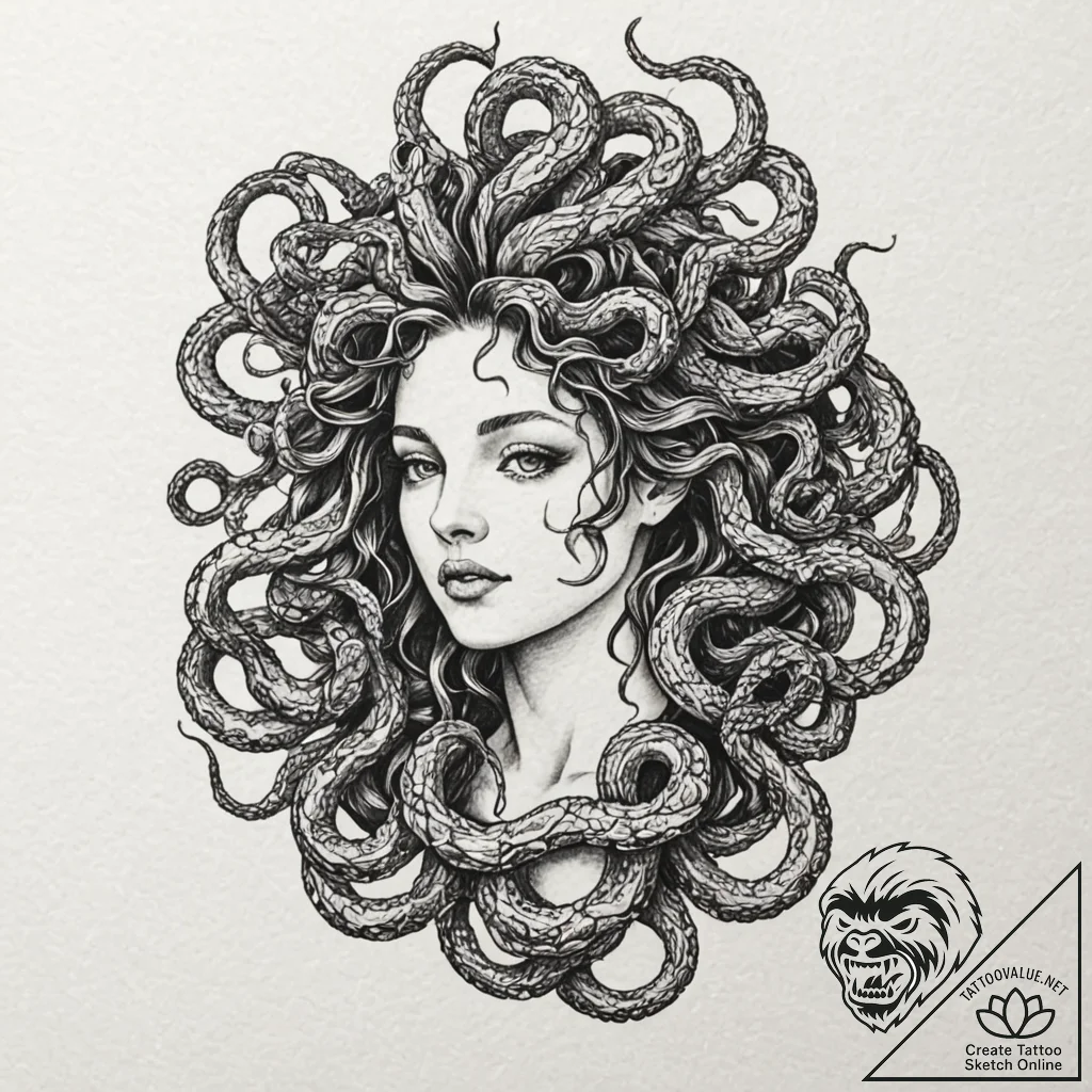 A dotwork design of a gorgon's head (medusa),... - tattoo sketch (№1751646756_0, 04.07.2025 16:32) — tattoovalue.net