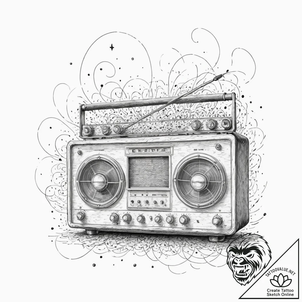 A vintage radio broadcasting sound waves and... - tattoo sketch (№1751647358_0, 04.07.2025 16:42) — tattoovalue.net