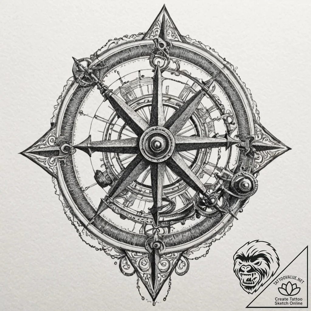 Sextant, tattoo line art, black and grey tatt... - tattoo sketch (№1751648392_0, 04.07.2025 16:59) — tattoovalue.net