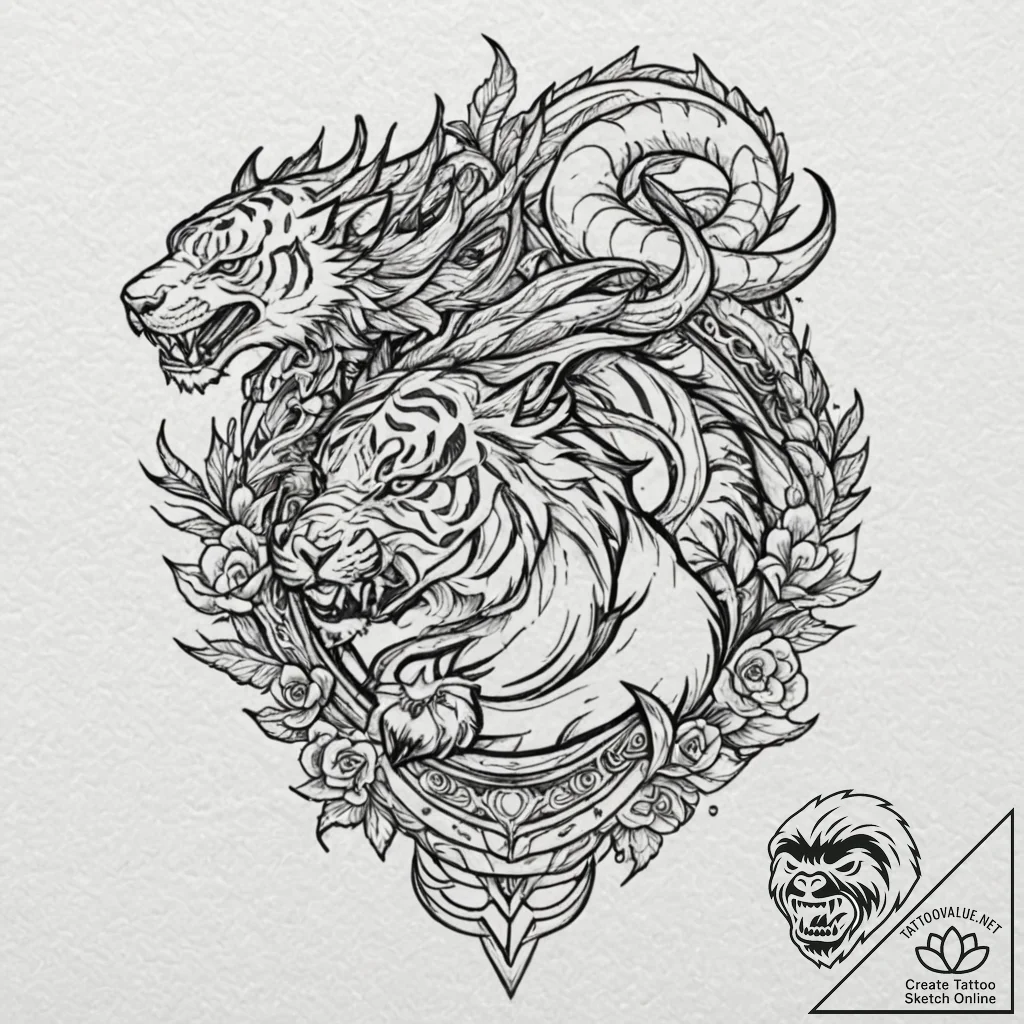 Tiger and dragon, tattoo drawing outline, aes... - tattoo sketch (№1751648563_0, 04.07.2025 17:02) — tattoovalue.net
