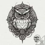 Steampunk owl with gear-feathers, tattoo flas… – tattoo sketch (№1751649409_0, 04.07.2025 17:16) — tattoovalue.net
