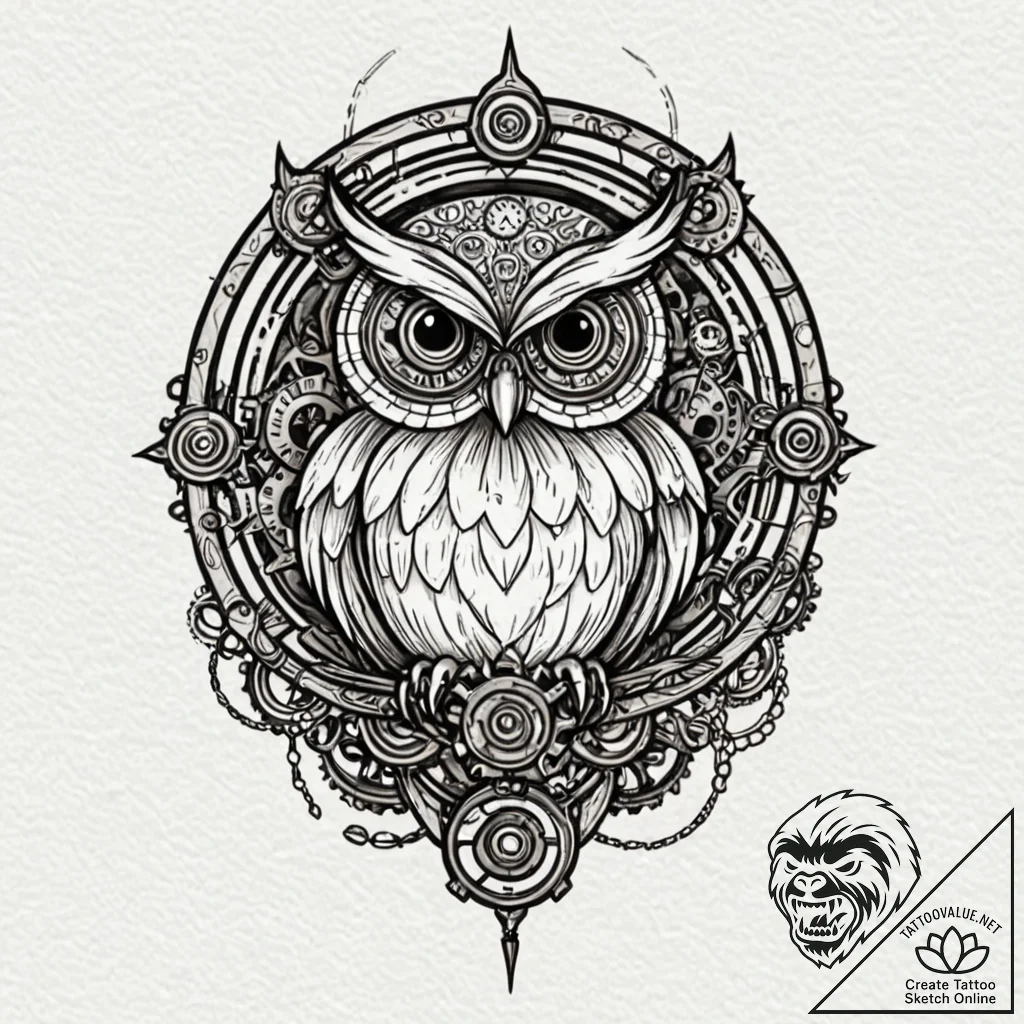 Steampunk owl with gear-feathers, tattoo flas... - tattoo sketch (№1751649409_0, 04.07.2025 17:16) — tattoovalue.net