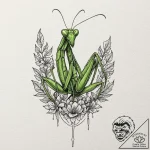 Praying mantis, tattoo line art, vibrant colo… – tattoo sketch (№1751650337_0, 04.07.2025 17:32) — tattoovalue.net