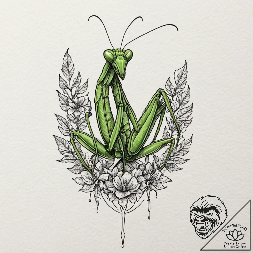 Praying mantis, tattoo line art, vibrant colo... - tattoo sketch (№1751650337_0, 04.07.2025 17:32) — tattoovalue.net
