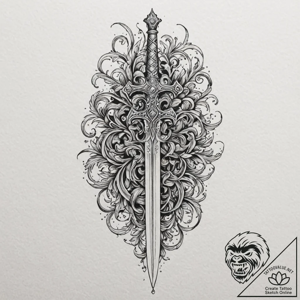 Sword, concept art for tattoo, stylized inter... - tattoo sketch (№1751651098_0, 04.07.2025 17:44) — tattoovalue.net