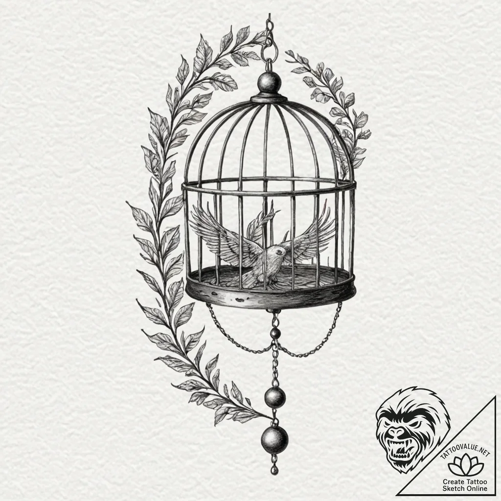Bird and cage, tattoo line art, dotwork shadi... - tattoo sketch (№1751651183_0, 04.07.2025 17:46) — tattoovalue.net