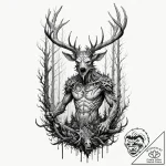 A trash polka composition of a leshen, a fore… – tattoo sketch (№1751651355_0, 04.07.2025 17:49) — tattoovalue.net