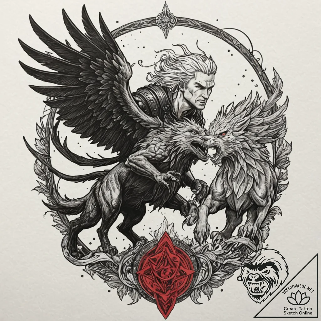 A graphic novel style tattoo of geralt fighti... - tattoo sketch (№1751652968_0, 04.07.2025 18:16) — tattoovalue.net
