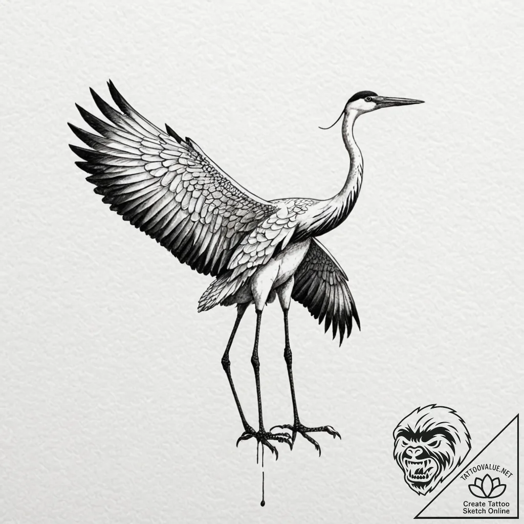 Crane, ink illustration for tattoo, dotwork t... - tattoo sketch (№1751653389_0, 04.07.2025 18:23) — tattoovalue.net