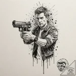 Graphic novel style panel of rick deckard aim… – tattoo sketch (№1751653561_0, 04.07.2025 18:26) — tattoovalue.net