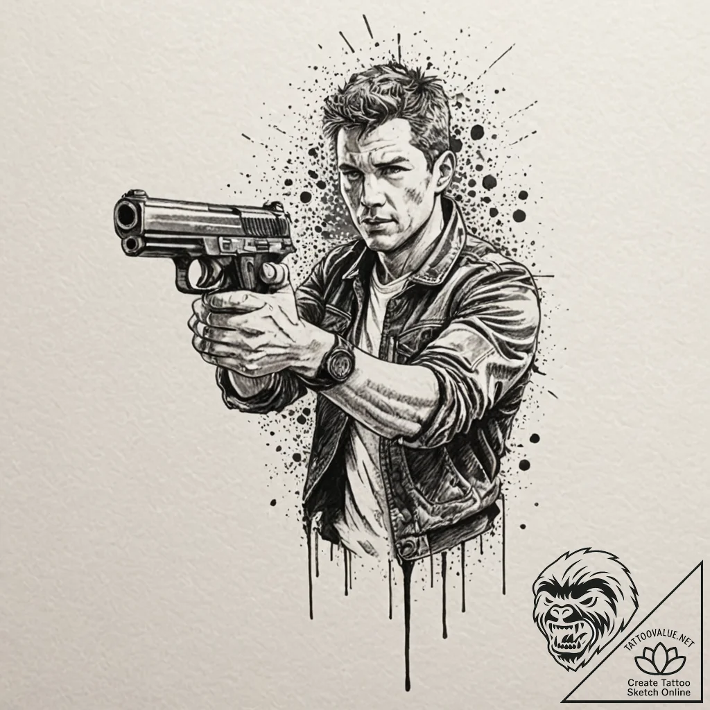 Graphic novel style panel of rick deckard aim... - tattoo sketch (№1751653561_0, 04.07.2025 18:26) — tattoovalue.net