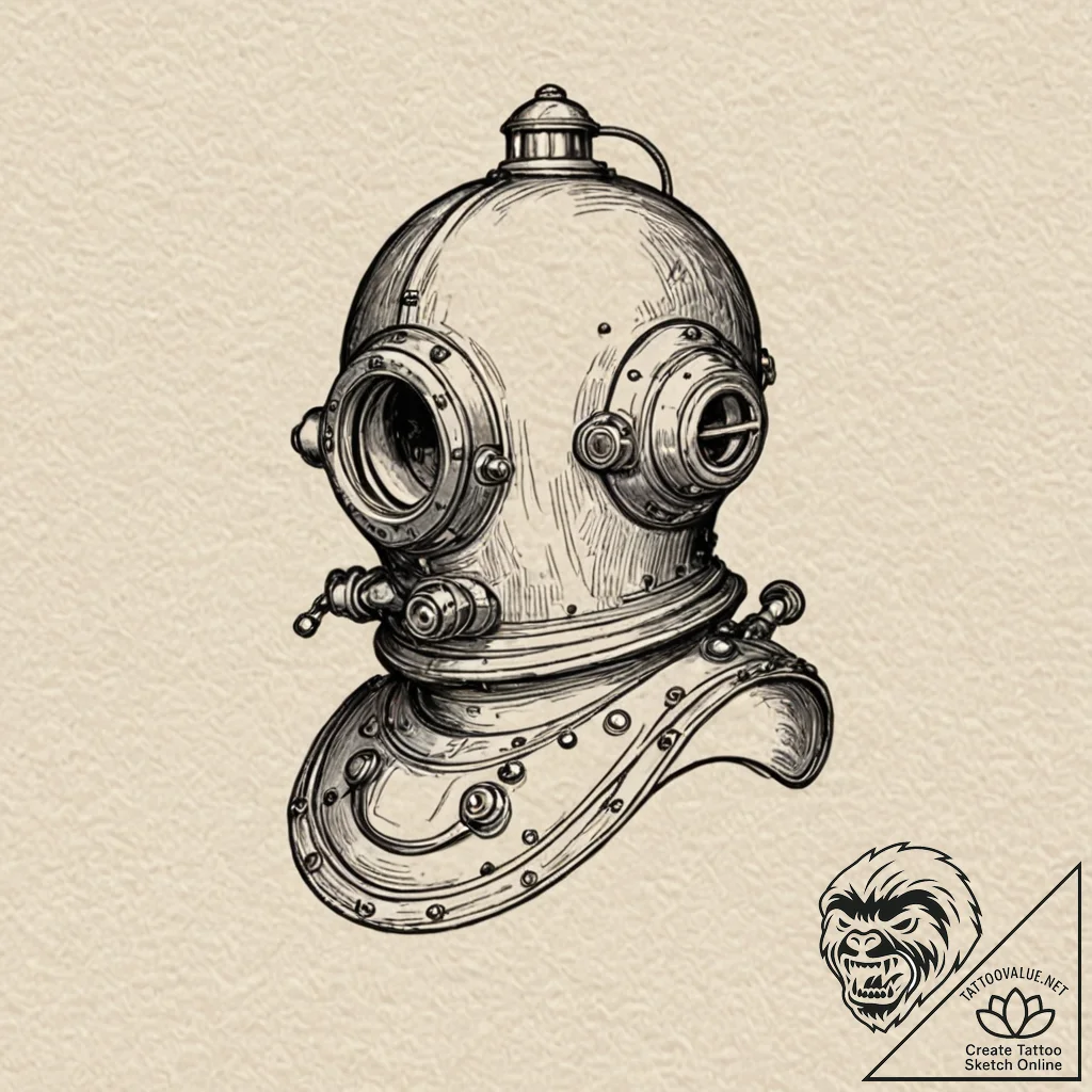 Antique diving helmet, tattoo line art, black... - tattoo sketch (№1751654852_0, 04.07.2025 18:47) — tattoovalue.net