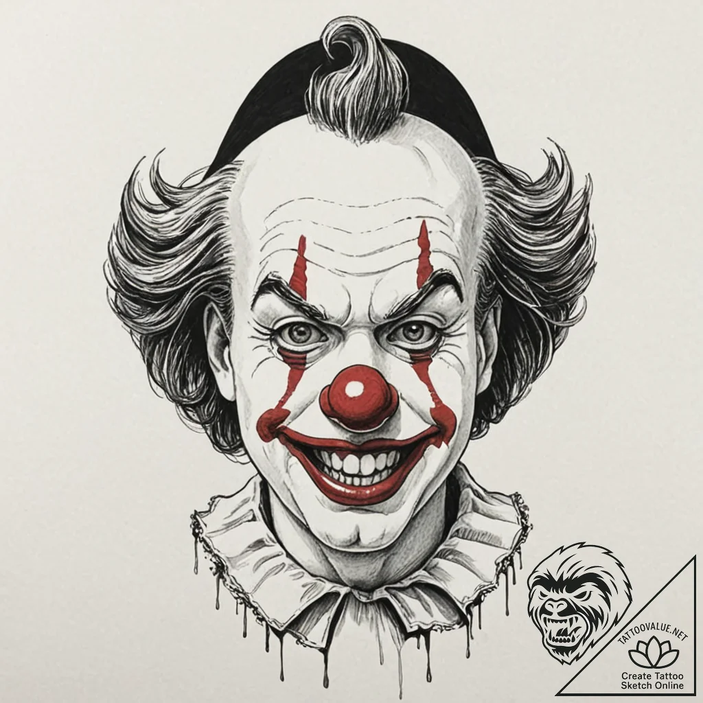 Clown, tattoo line art, black and white sketc... - tattoo sketch (№1751655022_0, 04.07.2025 18:50) — tattoovalue.net