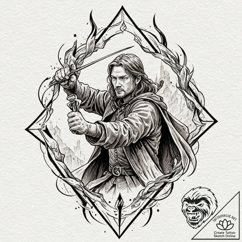 A graphic novel panel of boromir's last stand... - tattoo sketch (№1751655452_0, 04.07.2025 18:57) — tattoovalue.net