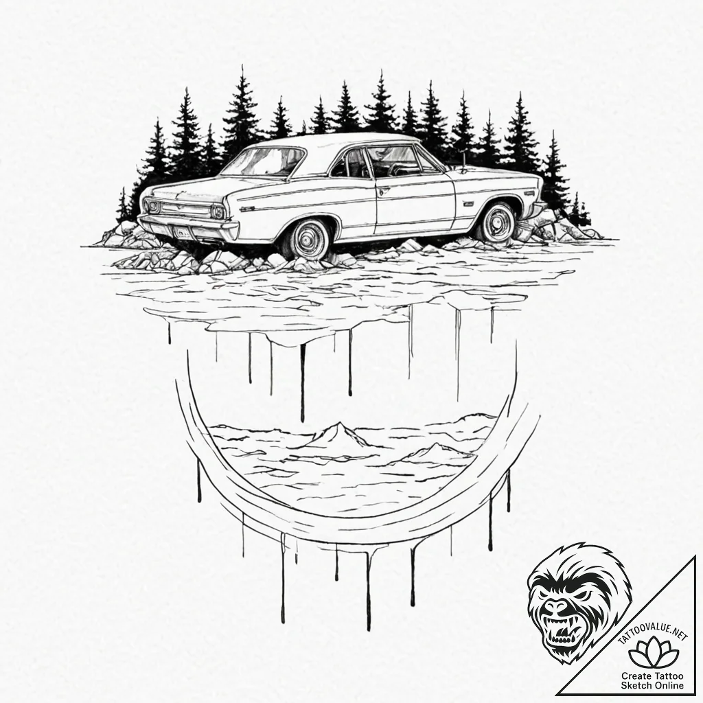 A linework tattoo of the car sinking in the l... - tattoo sketch (№1751655539_0, 04.07.2025 18:58) — tattoovalue.net