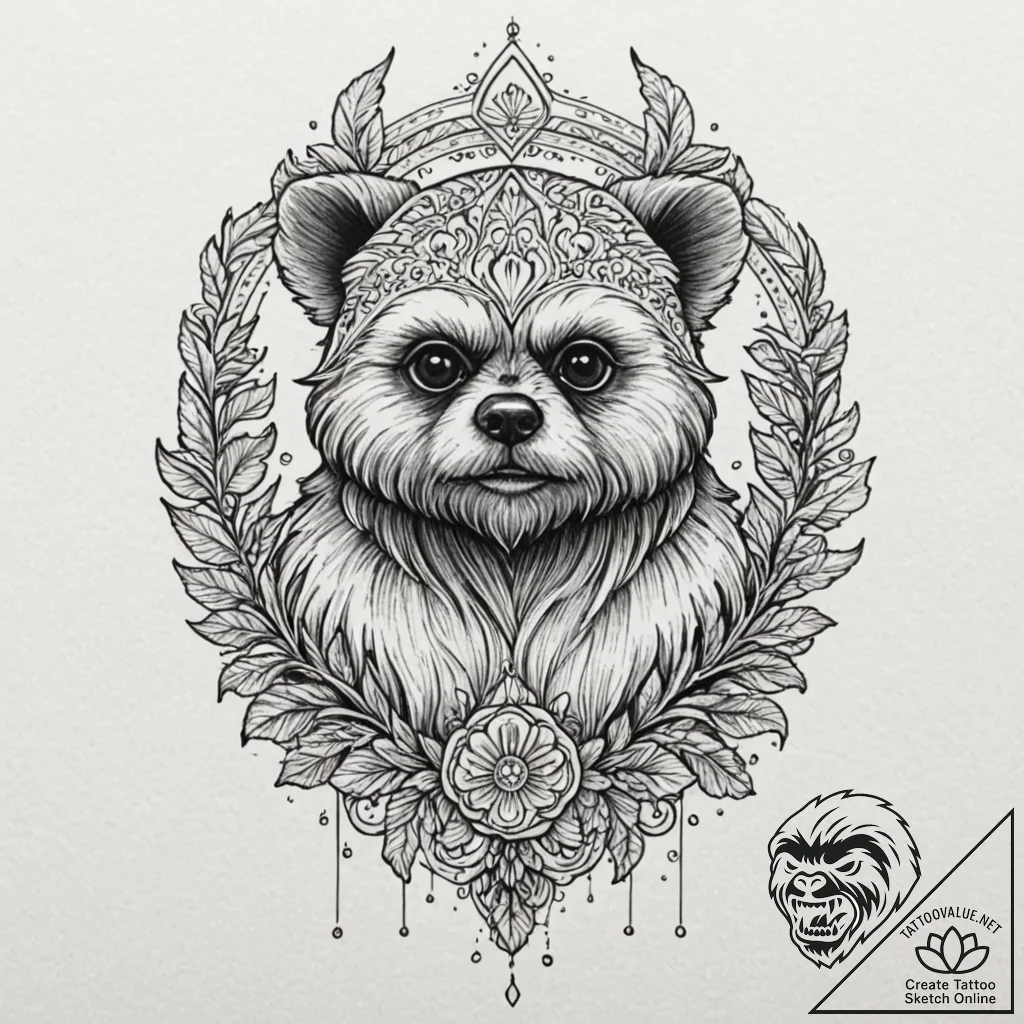 47. neo-traditional tattoo of an ewok, fierce... - tattoo sketch (№1751656212_0, 04.07.2025 19:10) — tattoovalue.net