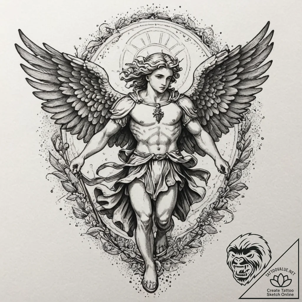 Archangel michael, tattoo sketch design, dotw... - tattoo sketch (№1751657143_0, 04.07.2025 19:25) — tattoovalue.net