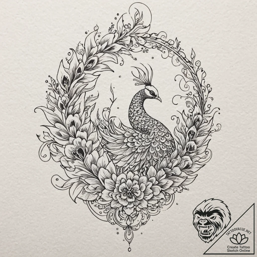 Peacock feather, concept art for tattoo, on t... - tattoo sketch (№1751657229_0, 04.07.2025 19:27) — tattoovalue.net