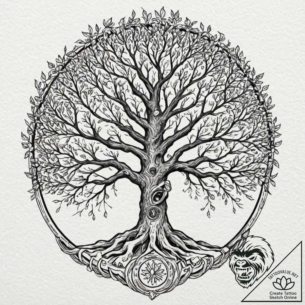 A linework tattoo of the world tree, yggdrasi... - tattoo sketch (№1751657480_0, 04.07.2025 19:31) — tattoovalue.net
