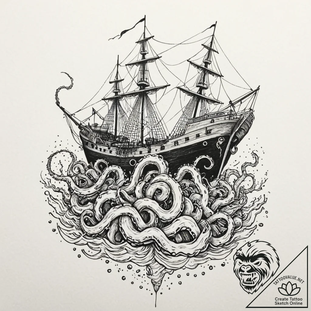 A graphic novel style depiction of the kraken... - tattoo sketch (№1751660836_0, 04.07.2025 20:27) — tattoovalue.net