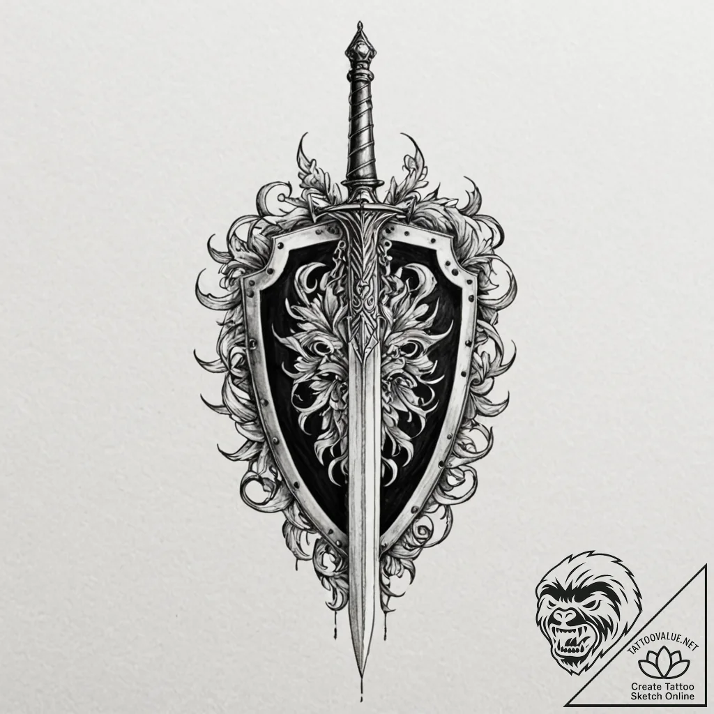 Shield and sword, concept art for tattoo, aes... - tattoo sketch (№1751661172_0, 04.07.2025 20:32) — tattoovalue.net