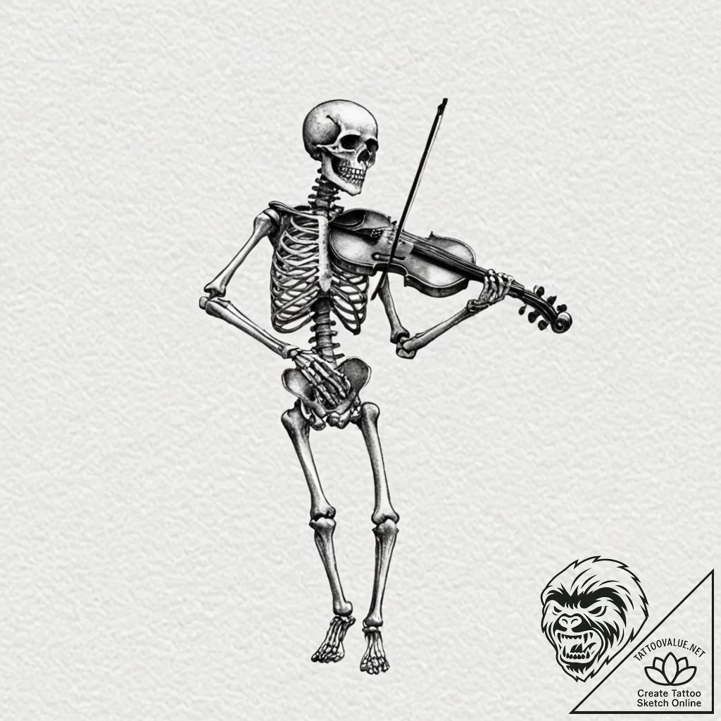 A skeleton playing a violin made of bone, tat... - tattoo sketch (№1751661852_0, 04.07.2025 20:44) — tattoovalue.net