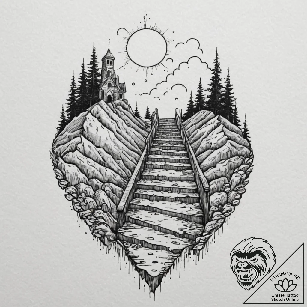 Stairway leading to a submerged city, tattoo... - tattoo sketch (№1751661935_0, 04.07.2025 20:45) — tattoovalue.net