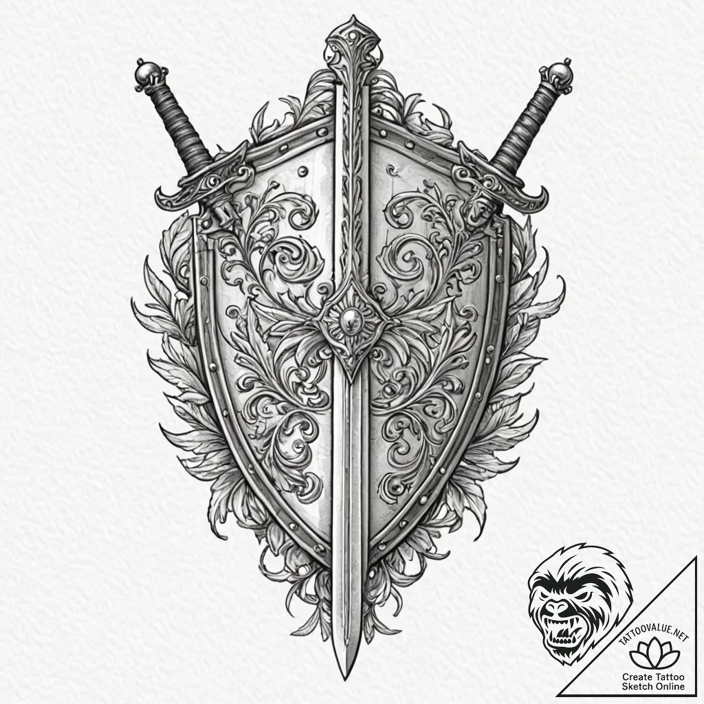 Shield and sword, tattoo sketch design, muted... - tattoo sketch (№1751662700_0, 04.07.2025 20:58) — tattoovalue.net