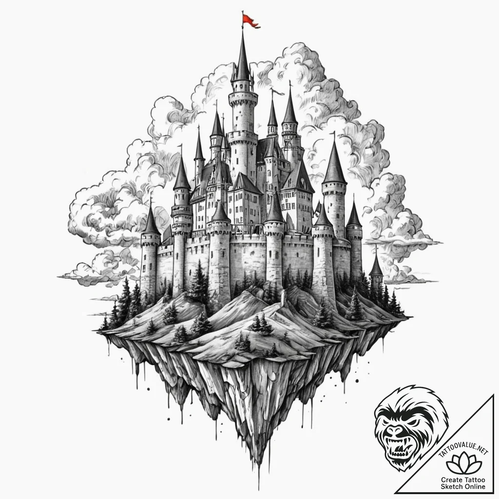 A watercolor sketch of a castle in the clouds... - tattoo sketch (№1751664266_0, 04.07.2025 21:24) — tattoovalue.net